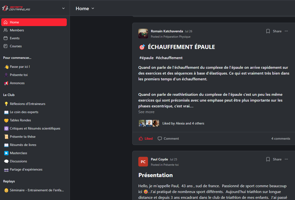 Aperçu de l'intérieur du Club — fil d'actualité avec posts d'entraîneurs sur la préparation physique